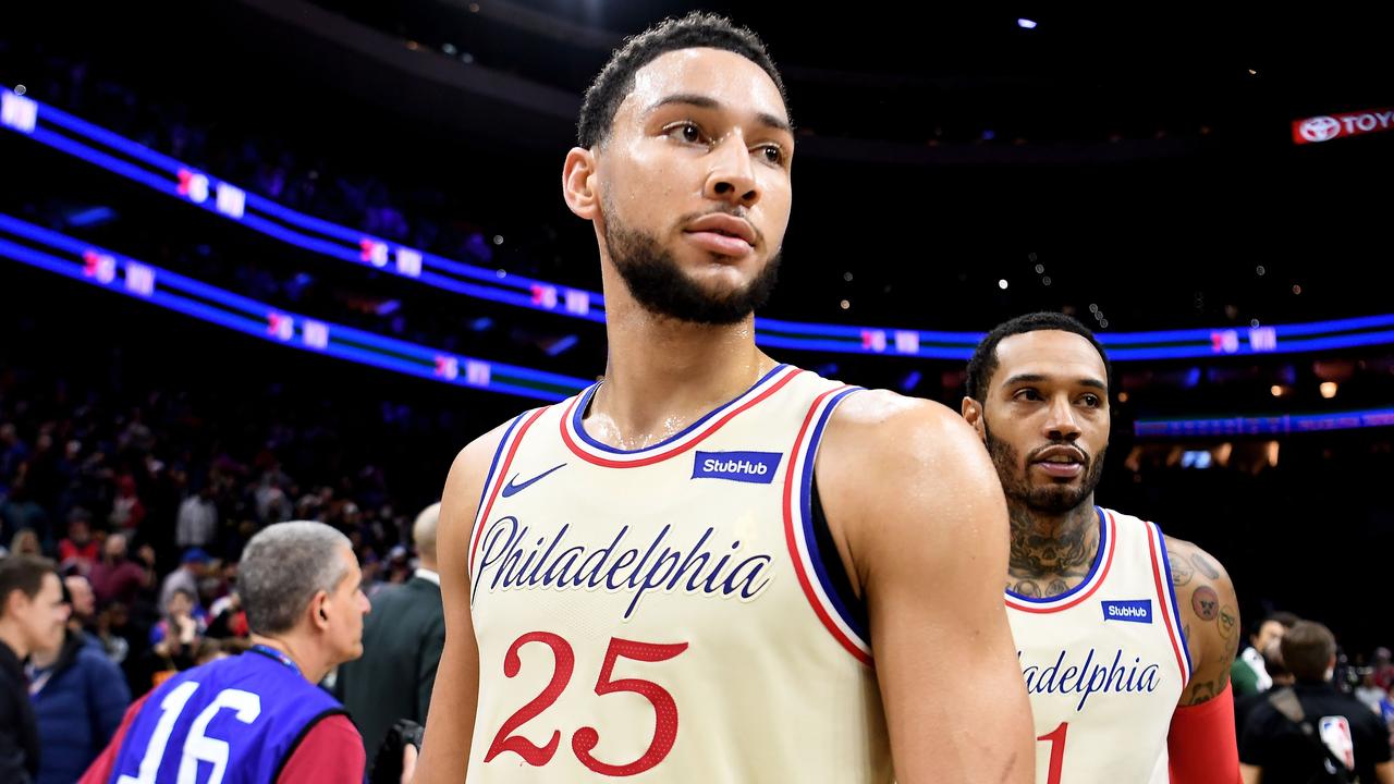 PHILADELPHIA, PENNSYLVANIA - DECEMBER 25: Ben Simmons #25 of the Philadelphia 76ers looks on after the game against the Milwaukee Bucks at Wells Fargo Center on December 25, 2019 in Philadelphia, Pennsylvania. The Philadelphia 76ers won 121-109. NOTE TO USER: User expressly acknowledges and agrees that, by downloading and or using this photograph, User is consenting to the terms and conditions of the Getty Images License Agreement. Sarah Stier/Getty Images/AFP == FOR NEWSPAPERS, INTERNET, TELCOS &amp; TELEVISION USE ONLY ==