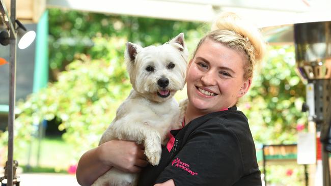 Fur Design Doggy Day Spa owner Susan Mackenzie with Toby. Picture: Josie Hayden