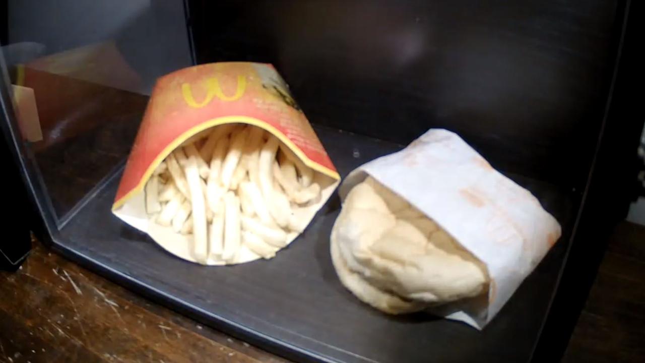 The hamburger and fries remain preserved in a glass case at an Icelandic hostel. Picture: Snotra House