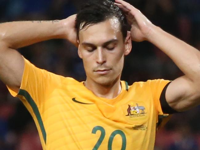 Trent Sainsbury reacts. The Socceroos Vs Thailand at Rajamangala Stadium in Bangkok. Pic Jono Searle.