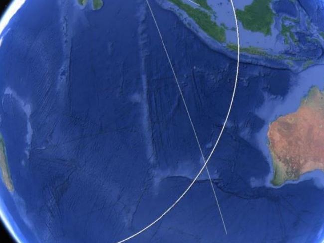 The two lines meet at the seventh arc, the spot where investigators believe MH370 likely entered the southern Indian Ocean off Western Australia. Picture: Google Earth, annotated by ATSB