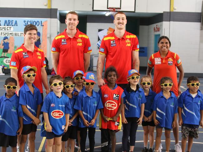 Gold Coast Suns players including Territorian Janet Baird made plenty of community visits in their time in Darwin. Photo: Gold Coast Suns Media