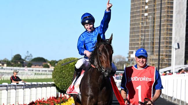 James McDonald on Broadsiding after winning the Group 1 JJ Atkins at Eagle Farm. Picture: Grant Peters/Trackside Photography