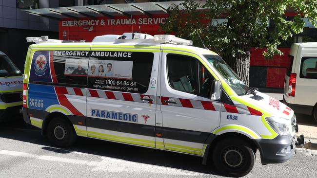 An Ambulance on standby at the Royal Melbourne Hospital. Picture: David Crosling