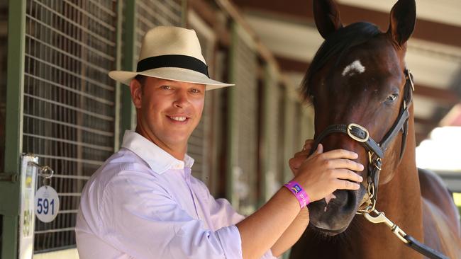 Bloodstock agent James Harron, with Lot 52, a brown colt, for which he paid $900000 from Arrowfield stud, He moved quickly to secure Giga Kick. Picture: Lyndon Mechielsen/The Australian