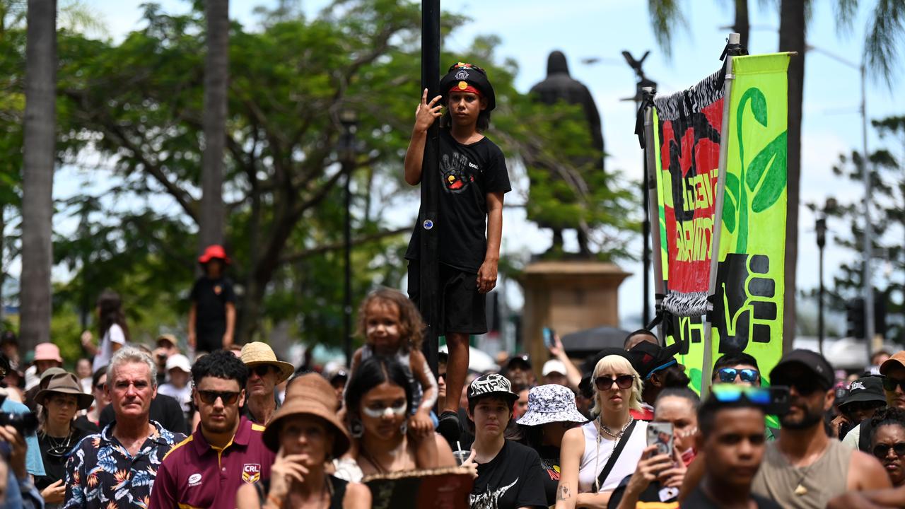 Protesters take part in an Invasion Day rally and march in Brisbane, coinciding with Australia Day. Picture: NCA Newswire / Dan Peled