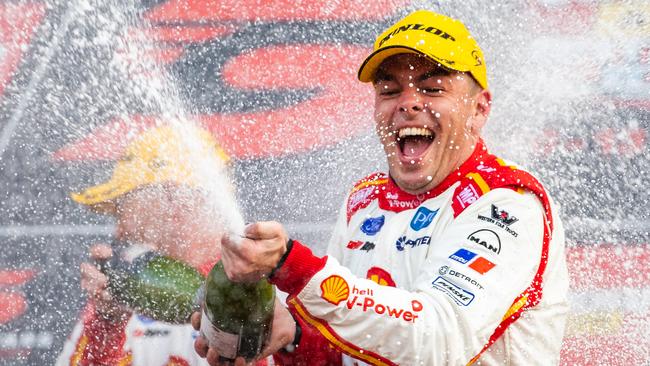 Scott McLaughlin celebrates winning the Bathurst 1000 last month.