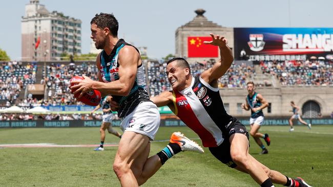 Travis Boak on the burst in Port Adelaide. The former captain has led the way for the Power in his return to the midfield. Picture: Michael Willson/AFL Photos