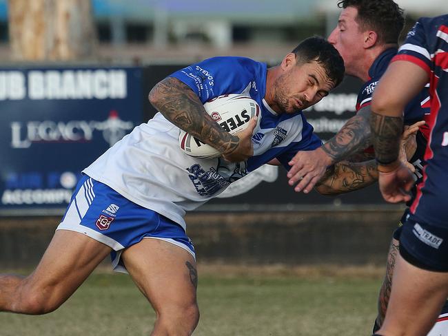 Runaway Bay vs Tugun Seahawks RLGC game at Bycroft Oval. Runaway Bay Player No9 Jenan wedderburn-ParrishTugun Player No5 Troy CanningPic Mike Batterham