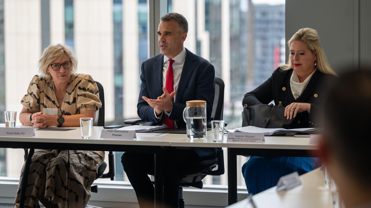 A roundtable was held into domestic violence in the by Premier Malinauskas (centre) with Rosie Batty and MP Katrine Hildyard. Picture: Naomi Jellicoe