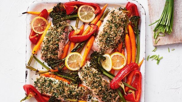 This salmon tray bake is a healthy favourite.