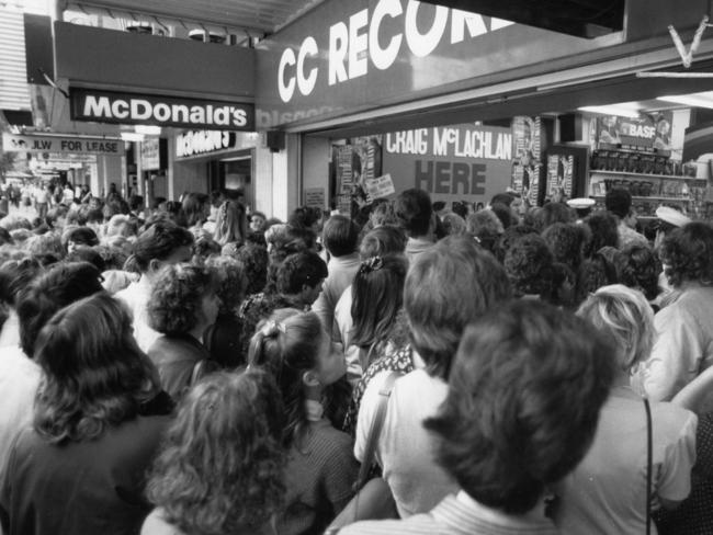 Crowd outside CC Records in Rundle Mall at Craig McLachlan’s in-store appearance in 1990. Picture: The Advertiser