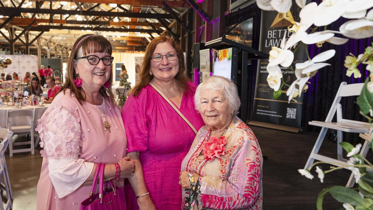 At the Pink High Tea are (from left) Wendy Batho, Lynette Poole and Mary Imeson raising funds for the Toowoomba Hospital Foundation at The Goods Shed, Saturday, October 12, 2024. Picture: Kevin Farmer