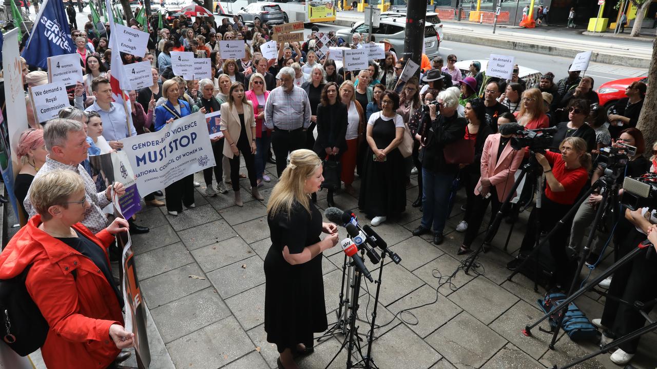 Prevention of Domestic Violence Minister Katrine Hildyard addresses a rally on the steps of Parliament House following the deaths of four South Australian women. Picture: Dean Martin