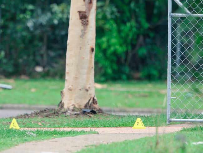 NT Police investigate as a man’s body was found on a driveway in Driver on Saturday morning. Picture: Glenn Campbell