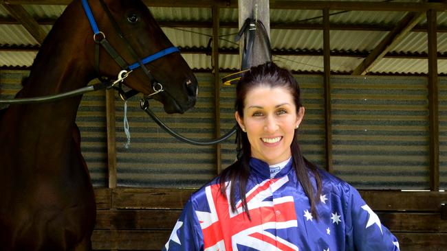 Jockey Courtney Pace in the Australia Day colours at Woolamai Racecourse this week. Picture: Brendan McCarthy/Racing Photos