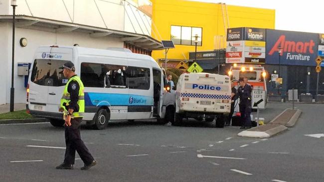 Two people in a stolen Blue Care bus have led police on a high-speed chase across Maroochydore before crashing into a police car this afternoon. Picture: Warren Lynam