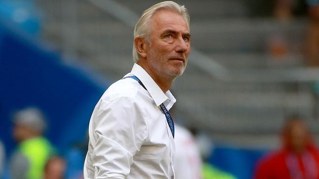 Socceroo’s coach Bert van Marwijk praised the resolve of his players after the match. Picture: Toby Zerna