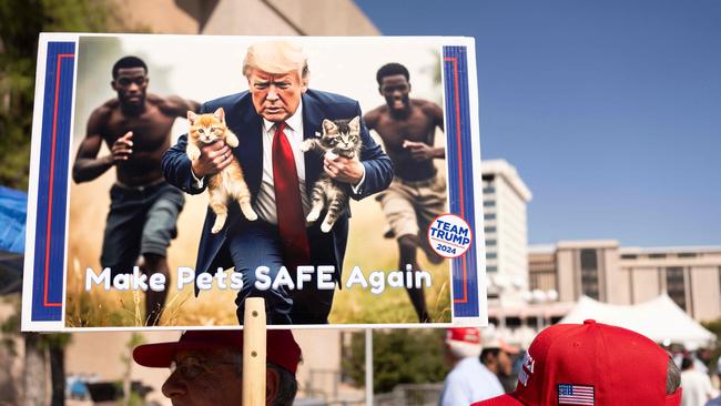 A man carries an AI-generated image of former US President and Republican presidential candidate Donald Trump carrying cats away from Haitian immigrants, a reference to falsehoods spread about Springfield, Ohio, during a campaign rally for Mr Trump at the Tucson Music Hall in Tucson, Arizona, September 12, 2024. (Photo by Rebecca NOBLE / AFP)