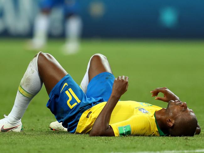 KAZAN, RUSSIA - JULY 06: Fernandinho of Brazil looks dejected following his sides defeat in the 2018 FIFA World Cup Russia Quarter Final match between Brazil and Belgium at Kazan Arena on July 6, 2018 in Kazan, Russia.  (Photo by Catherine Ivill/Getty Images)