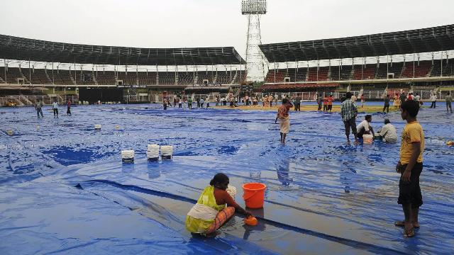 Mopping up ... the third ODI delayed several hours due to heavy rain.