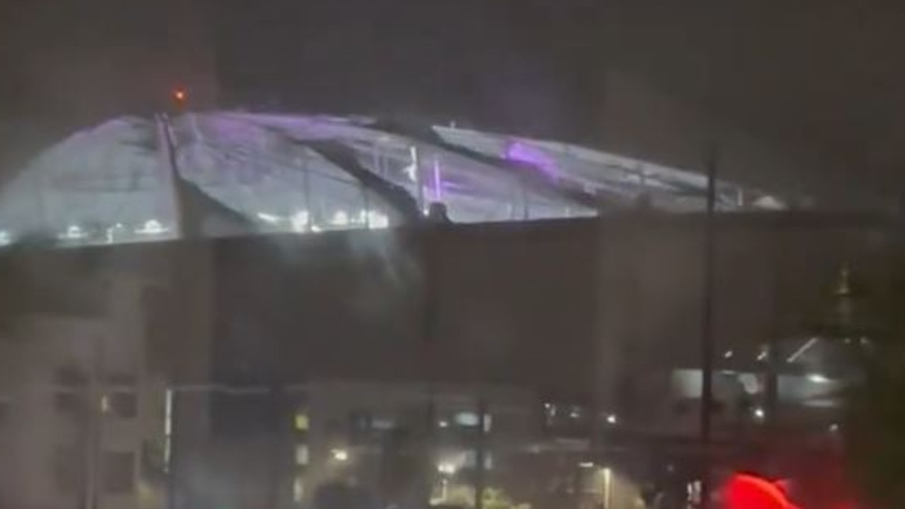 Social media post on X of the roof of Tropicana Field destroyed.