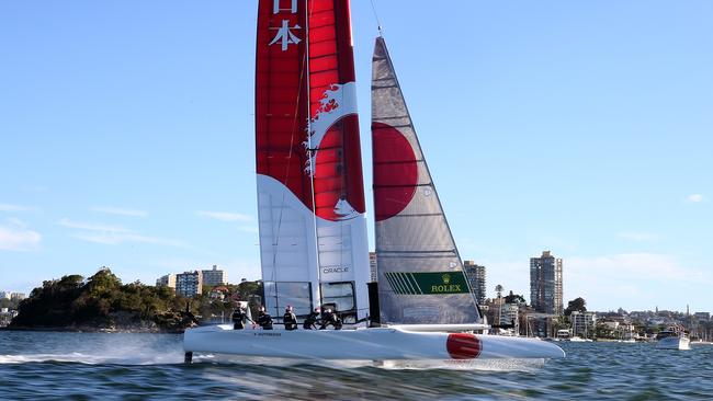 Team Japan snared a win and two seconds on the opening day of racing in the SailGP on Sydney Harbour. Picture: Toby Zerna