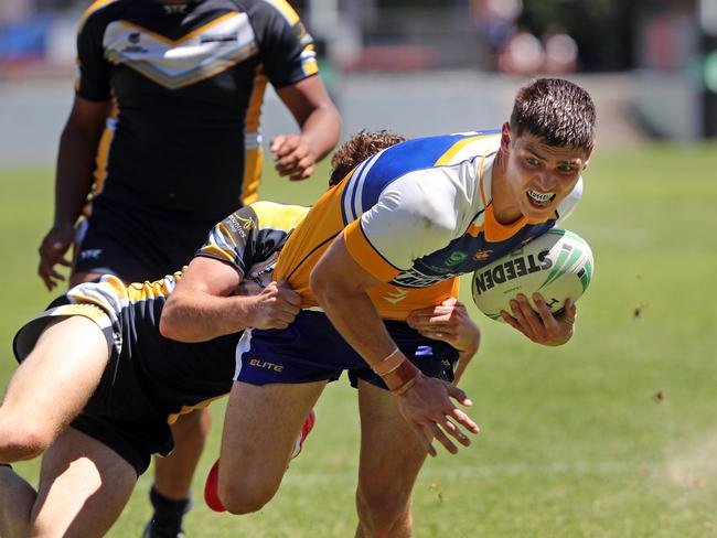 Sean Russell going over for a try in the 2020 NRL Schoolboy Cup Grand Final between Westfields Sports High and Patrician Brothers Blacktown at Leichhardt Oval in Sydney. Picture: Richard Dobson