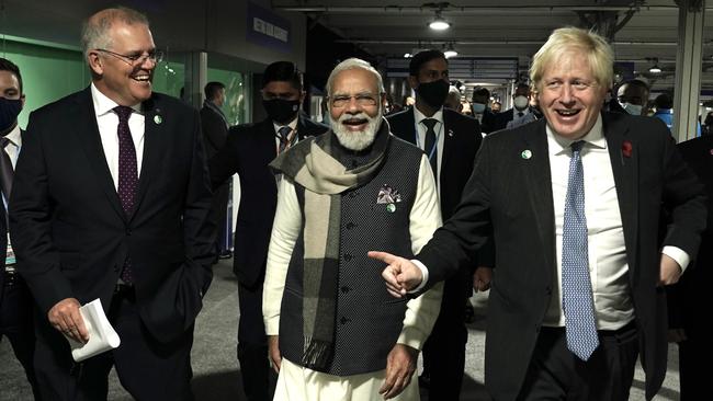 Scott Morrison, left, at the Coalition for Disaster Resilient Infrastructure launch with Indian Prime Minister Narendra Modi and British Prime Minister Boris Johnson. Picture: Adam Taylor