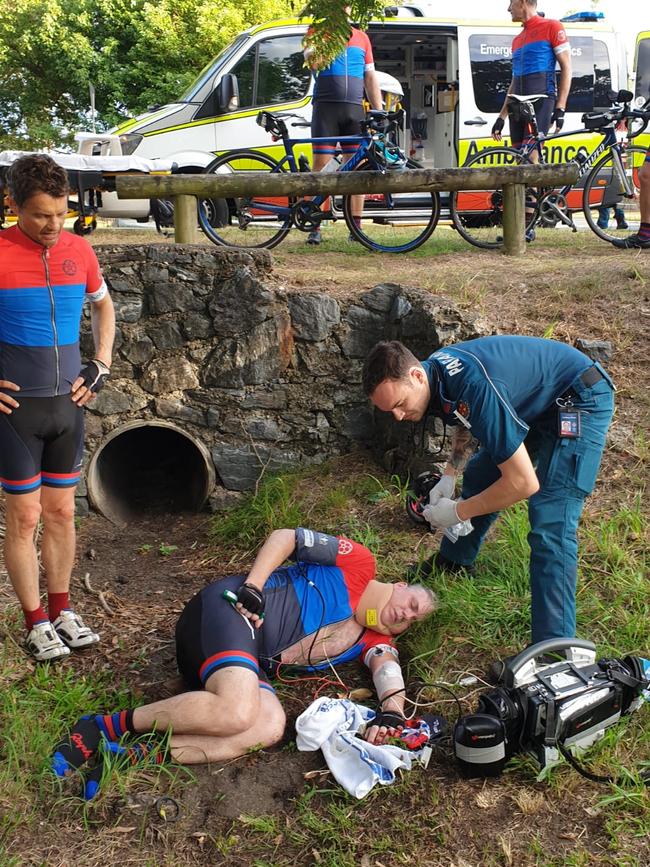 Mark Berridge, author of A Fraction Stronger, in a ditch after the cycling accident that damaged his spinal cord.