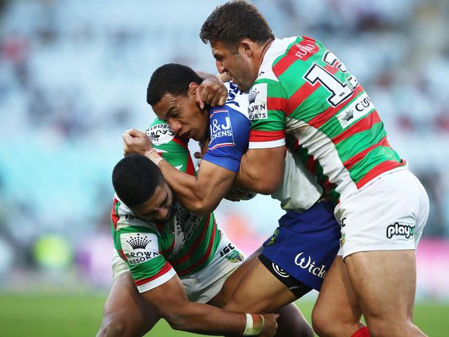 Will Hopoate of the Bulldogs is tackled during the round 18 NRL match between the Canterbury Bulldogs and the South Sydney Rabbitohs. Picture: Getty Images