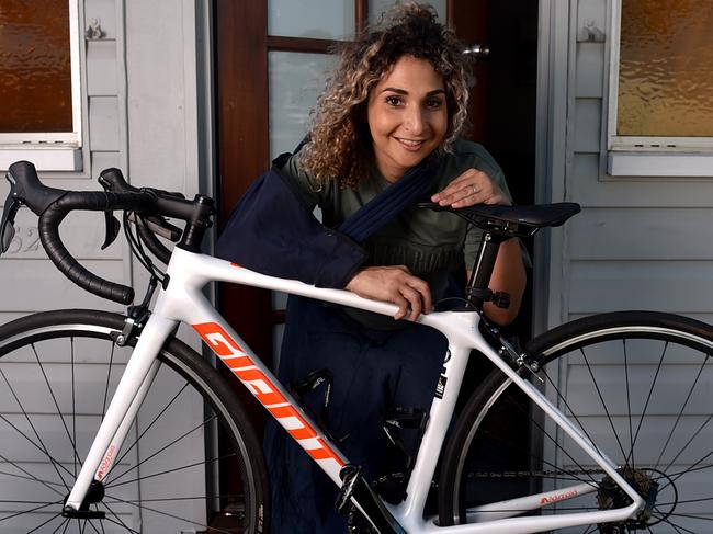 Michelle Andersen crashed her bike and broke bones after being attacked by a magpie in the CBD. Picture: Evan Morgan