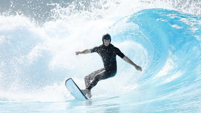 Luke Warzecha surfs at Sydney’s first wave park, URBNSURF, which is now complete and ready to open. Picture: Rohan Kelly