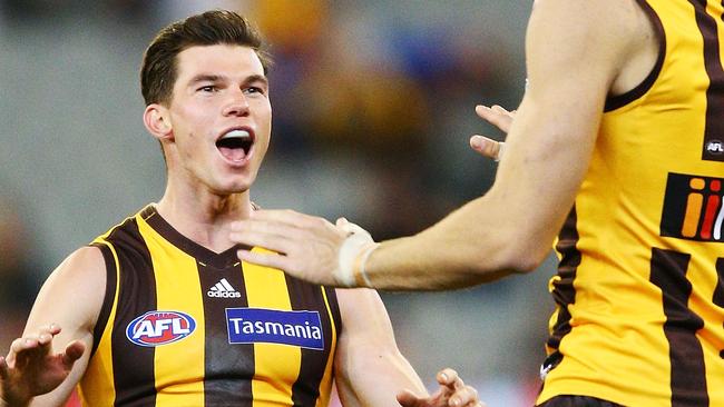 Hawthorn’s Jaeger O'Meara celebrates with Jonathon Ceglar during the round 13 win against Adelaide at the MCG. Picture: Michael Dodge/Getty Images.