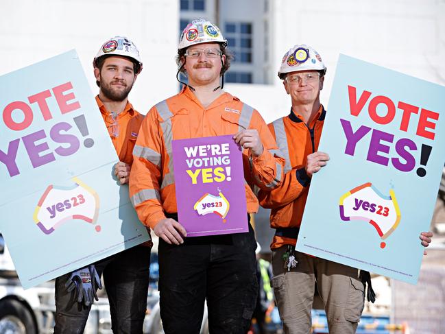 Electricians Harrison Lowe, Zac Hicks and Andrew Whyte are campaigning for ‘Yes’ to the Voice to Parliament. Picture: Adam Yip