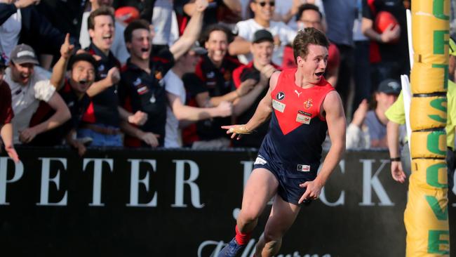 Harry Hill of Brighton celebrates a last quarter goal during the VAFA Premier B Grand Final between Old Brighton and Old Scotch played at Trevor Barker Oval in Sandringham on Saturday 23rd September, 2017. Picture: Mark Dadswell