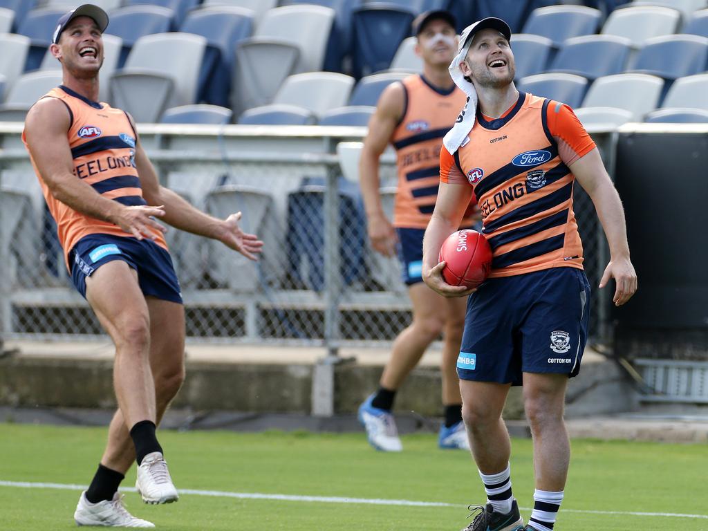 Tom Hawkins and Gary Ablett work on their goalkicking. Picture: Peter Ristevski