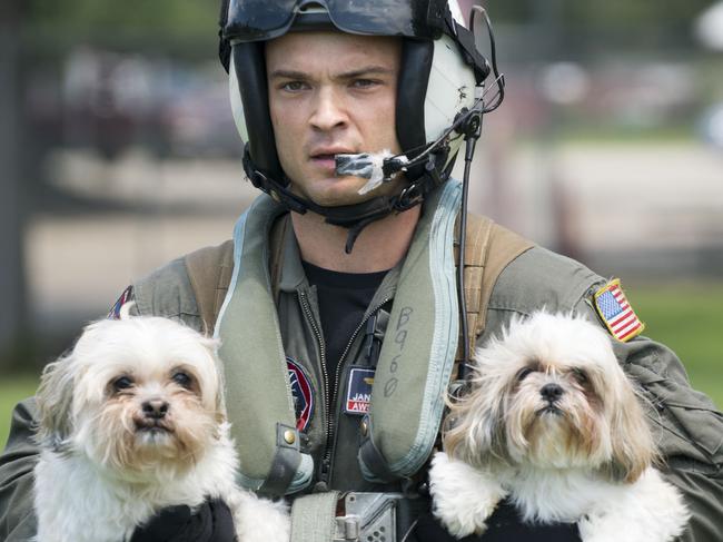 This US Navy photo released on September 1, 2017 shows Naval Aircrewman (Helicopter) 2nd Class Jansen Schamp, a native of Denver, Colorado and assigned to the Dragon Whales of Helicopter Sea Combat Squadron (HSC) 28, rescuing two dogs at Pine Forrest Elementary School, a shelter that required evacuation after flood waters from Hurricane Harvey reached its grounds on August 31, 2017 in Vidor, Texas.  The mission resulted in the rescue of seven adults, seven children and four dogs. US Fleet Forces Command sent personnel and assets to bolster Northern Command's support of FEMA's assistance to federal, state and local authorities ongoing relief efforts in the aftermath of Hurricane Harvey.  / AFP PHOTO / US NAVY / Christopher LINDAHL / RESTRICTED TO EDITORIAL USE - MANDATORY CREDIT 