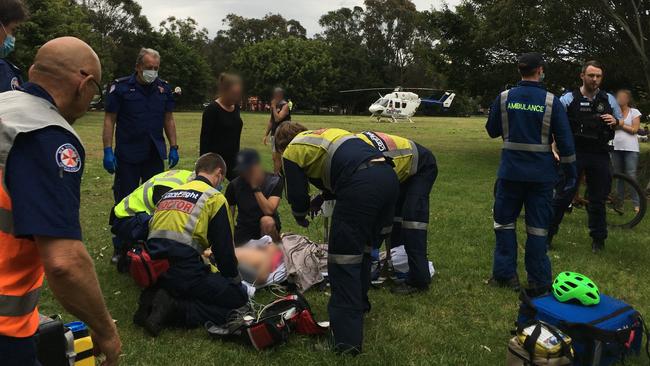 The injured boy was knocked unconscious in the fall at the jump near the edge of Whitney Reserve at Mona Vale. Picture: CareFlight