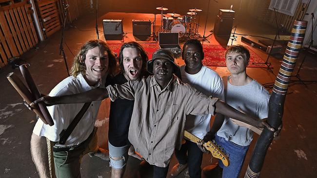 King Stingray members, from left, Roy Kellaway, Lewis Stiles, Yirrnga Yunupingu, Dimathaya Burarrwanga and Campbell Messer. Picture: Lyndon Mechielsen