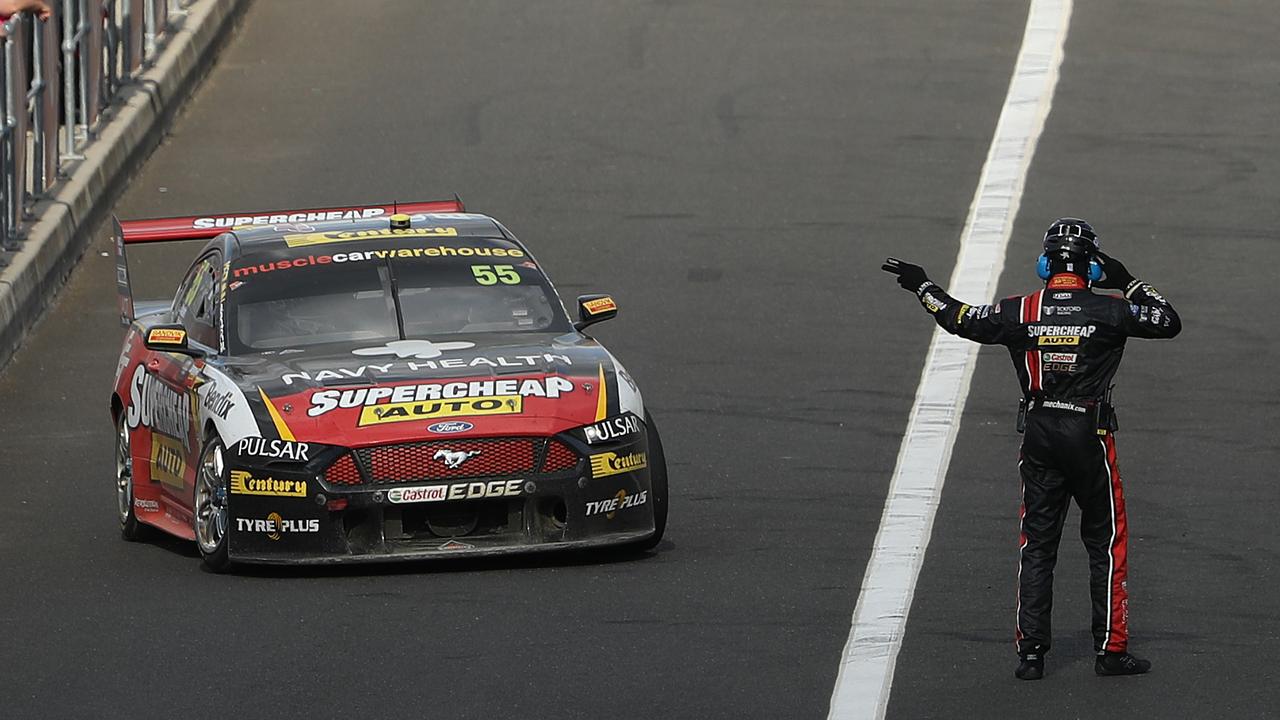 Chaz Mostert returns to the pits after contact with Cameron Waters. Picture: Robert Cianflone