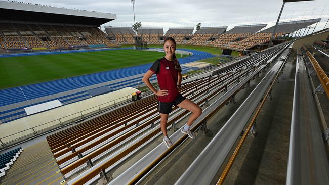 rising high jump star and 2032 Olympic hopeful, Toby Stolberg, 17, at the Queensland Sport and Athletics Centre. Picture: Lyndon Mechielsen/The Australian