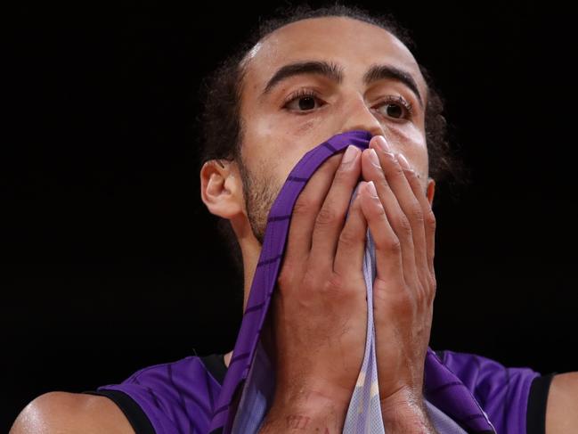 SYDNEY, AUSTRALIA - JANUARY 15: Xavier Cooks of the Kings reacts during the round 15 NBL match between Sydney Kings and Illawarra Hawks at Qudos Bank Arena on January 15, 2023 in Sydney, Australia. (Photo by Jason McCawley/Getty Images)