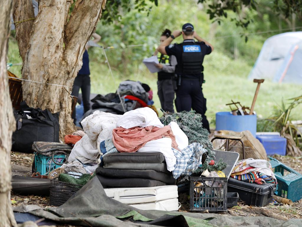 Police and other services were called in to assist the homeless vacate the campsite on Monday. Picture: Josh Woning