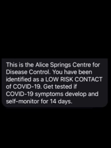 The text message reportedly received by an Alice Springs resident from the CDC. Picture: Supplied.