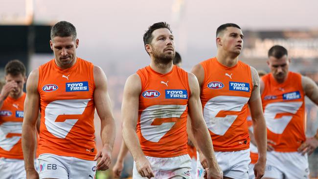 MELBOURNE, AUSTRALIA - JUNE 08: Toby Greene of the Giants looks dejected after a loss during the 2024 AFL Round 13 match between the Hawthorn Hawks and the GWS GIANTS at UTAS Stadium on June 08, 2024 in Launceston, Australia. (Photo by Dylan Burns/AFL Photos via Getty Images)