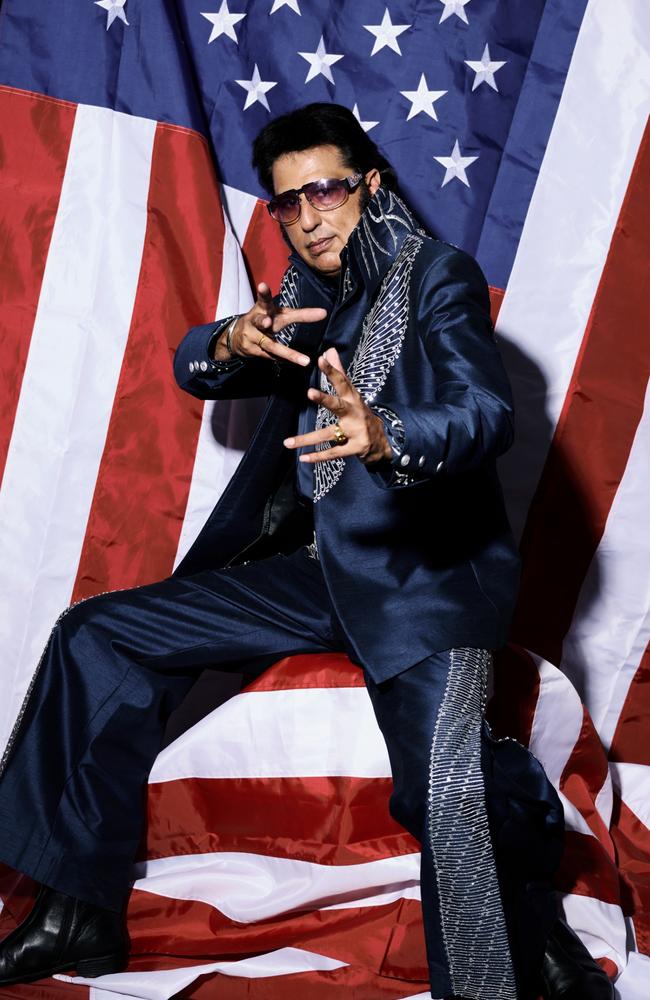 Elvis tribute artist Bal Johal, a driving instructor from Derby, poses during a portrait session at 'The Elvies' festival in Porthcawl, Wales. The three-day event runs every September and is expected to draw in 40,000 Elvis fans and tribute artists. Picture: Gareth Cattermole/Getty Images