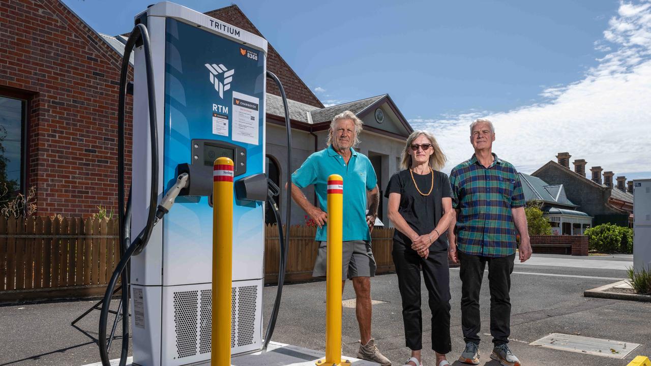 David Connoley, Jo Pitt and David Kenwood are opposed to the location of two electric vehicle chargers in Queenscliff’s historic Learmonth St. Picture: Brad Fleet.