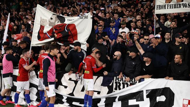 Sydney United 58 players speak to fans after the club’s Australia Cup loss. Picture: Cameron Spencer/Getty Images