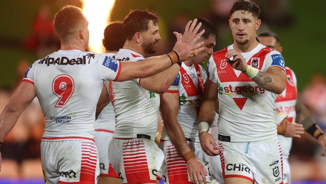 SYDNEY, AUSTRALIA - MAY 11: Zac Lomax of the Dragons celebrates a two point field goal during the round 10 NRL match between St George Illawarra Dragons and South Sydney Rabbitohs at Netstrata Jubilee Stadium, on May 11, 2024, in Sydney, Australia. (Photo by Mark Metcalfe/Getty Images)